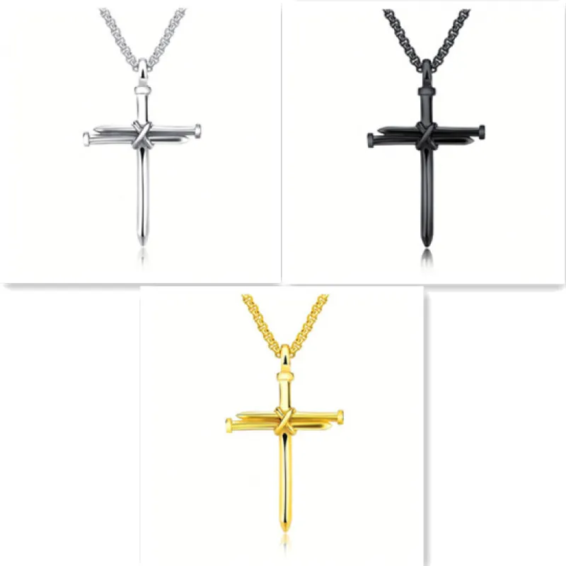 024739b9-d0df-45d5-92ac-d0d79d023b44-set.webp Steel Gold Black Color Fashion Mens Iron Nail Cross Pendant Necklace Stainless Steel 3mm Round Box Chain Jewelry Gift For Men - Image 4