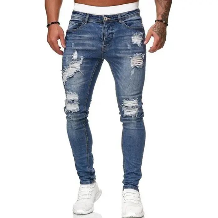 Fashion Street Style Ripped Skinny Jeans Men Vintage Wash Solid Denim Trouser Mens Casual Slim Fit Pencil Denim Pants - Image 1
