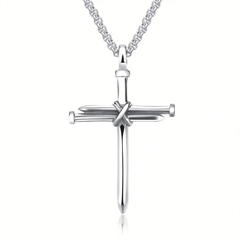 1618484890823-silver.webp Steel Gold Black Color Fashion Mens Iron Nail Cross Pendant Necklace Stainless Steel 3mm Round Box Chain Jewelry Gift For Men - Image 3