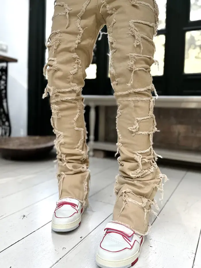 Men Trousers Individual Patched Pants Long Tight Fit Stacked Jeans For Mens Clothing - Image 1