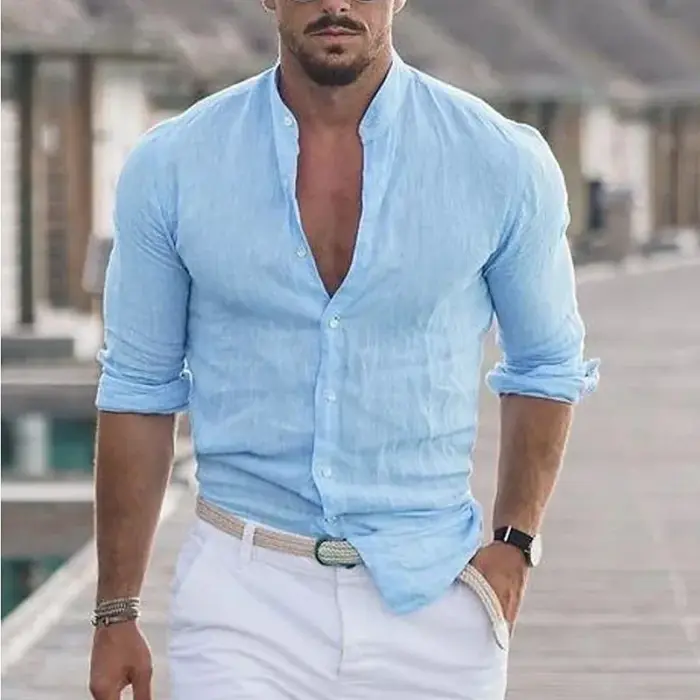 Men's Long Sleeve Shirt With Button Casual Solid Color Tops For Spring Autumn - Image 1