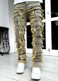 Men Trousers Individual Patched Pants Long Tight Fit Stacked Jeans For Mens Clothing - Image 14